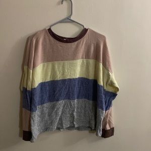 Brown, pink, yellow, blue, grey sweater